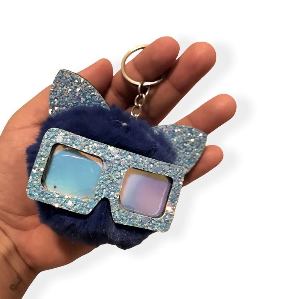 Dark Blue Sunglasses Cat Sparkly Fluffy Keychain